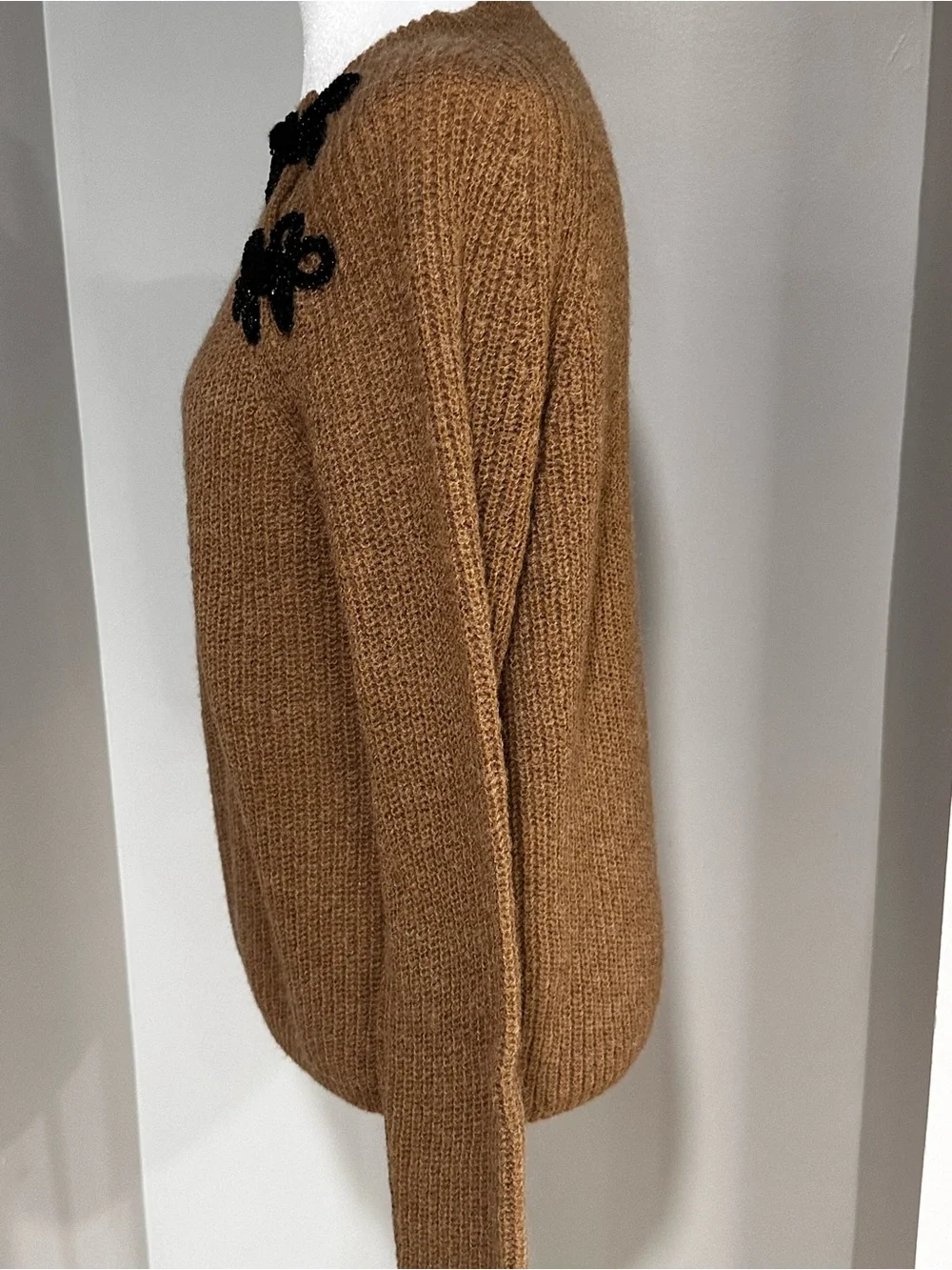 J. Crew Camel Brown Crewneck Sweater with Black Appliqué